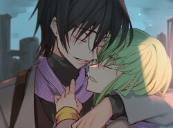 Rule 34 | 1boy, 1girl, black dress, black hair, blurry, blurry background, building, c.c., closed eyes, code geass, couple, creayus, dress, green hair, grey jacket, hand on another&#039;s shoulder, happy, jacket, lelouch vi britannia, long sleeves, open mouth, purple scarf, scarf