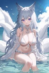 Rule 34 | 1girl, :o, absurdres, animal ear fluff, animal ears, azur lane, bikini, blue sky, breasts, cloud, commentary request, day, detached sleeves, fox ears, fox girl, fox tail, frilled bikini, frills, front-tie bikini top, front-tie top, grey hair, highres, large breasts, large tail, light blush, long hair, looking at viewer, multiple tails, navel, ocean, official alternate costume, outdoors, parted lips, purple eyes, shinano (azur lane), shinano (dreamy white sands) (azur lane), sitting, sky, solo, stomach, sunlight, swimsuit, tail, usagi (786113654), very long hair, water, white bikini