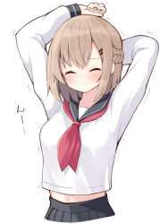 Rule 34 | 1girl, arm behind head, arms up, black sailor collar, black skirt, blush, braid, breasts, brown hair, childhood friend (ominaeshi), closed eyes, closed mouth, commentary request, facing viewer, hair ornament, hairclip, highres, long sleeves, medium breasts, midriff peek, neckerchief, ominaeshi (takenoko), original, pleated skirt, puffy long sleeves, puffy sleeves, red neckerchief, sailor collar, school uniform, serafuku, shirt, simple background, skirt, sleeves past wrists, solo, stretching, trembling, white background, white shirt