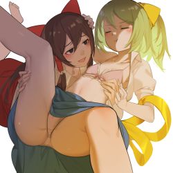 Rule 34 | 2girls, black eyes, blue skirt, blush, bow, bra, breasts, brown hair, cleavage, closed eyes, closed mouth, colored skin, commentary request, cookie (touhou), daiyousei, diyusi (cookie), feet out of frame, flat chest, frilled hair tubes, frills, green hair, hair bow, hair tubes, hakurei reimu, hand on another&#039;s head, jiyu (jiyusi), medium hair, multiple girls, nail polish, navel, noel (cookie), open mouth, panties, pink bra, pink nails, ponytail, red bow, shirt, short sleeves, simple background, skirt, thighs, touhou, underwear, undressing another, white background, white panties, white shirt, white skin, yellow bow, yuri