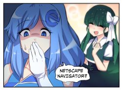 Rule 34 | 2girls, black hair, blue eyes, blue hair, blush, bow, closed eyes, collarbone, comic, covering own mouth, english text, eyes visible through hair, gradient hair, green hair, hair between eyes, hair bow, hair ornament, highres, hinghoi, internet explorer, internet explorer (merryweather), long hair, looking down, multicolored hair, multiple girls, netscape, netscape (merryweather), open mouth, original, os-tan, scared, short sleeves, sleeveless, smile, sparkle, speech bubble, surprised, sweatdrop, white bow