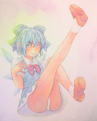 Rule 34 | 1girl, blue eyes, blue hair, bow, cirno, full body, hair bow, highres, ice, ice wings, leg up, lips, loafers, looking at viewer, matching hair/eyes, painting (medium), panties, pantyshot, pink background, puffy short sleeves, puffy sleeves, shoes, short hair, short sleeves, sideways glance, sitting, socks, solo, touhou, traditional media, underwear, watercolor (medium), white panties, white socks, wings, yuyu (00365676)