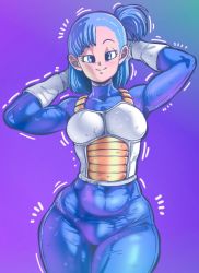 Rule 34 | 1girl, armor, blue bodysuit, blue eyes, blue hair, bodysuit, breasts, bulma, curvy, d-art, dragonball z, gloves, looking at viewer, saiyan armor, seductive smile, side ponytail, skin tight, smile, solo, thick thighs, thighs, wide hips