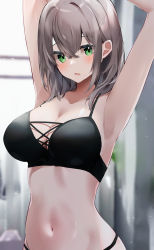 Rule 34 | 1girl, :o, absurdres, armpits, arms up, bikini, black bikini, blurry, blurry background, blush, breasts, cleavage, collarbone, commentary request, cowboy shot, depth of field, green eyes, hair between eyes, highres, hololive, large breasts, long hair, looking at viewer, mole, mole on breast, nanashinayuzu mochi, navel, open mouth, shirogane noel, silver hair, solo, stomach, swimsuit, virtual youtuber