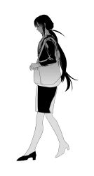 Rule 34 | 1girl, absurdres, alternate costume, bag, carrying bag, closed mouth, expressionless, greyscale, high heels, highres, hogi (user kvsm8422), inabakumori, jitome, long hair, long sleeves, low twintails, monochrome, osage (nukunuku nigirimeshi), shirt, simple background, skirt, solo, twintails, walking, white background