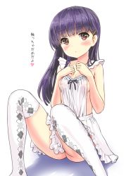 Rule 34 | 1girl, apron, argyle, argyle clothes, argyle legwear, bare shoulders, blue hair, blunt bangs, blush, breasts, brown eyes, hair ornament, hairclip, koumo, long hair, naked apron, original, sideboob, sitting, small breasts, solo, thighhighs, translated, white thighhighs
