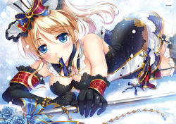 Rule 34 | 10s, 1girl, asymmetrical gloves, ayase eli, bad id, bad pixiv id, bare shoulders, black gloves, black thighhighs, blonde hair, blue eyes, blush, breasts, cafe maid (love live!), detached collar, elbow gloves, garter straps, gloves, hat, looking at viewer, love live!, love live! school idol festival, love live! school idol project, lying, medium breasts, microphone, microphone stand, mismatched gloves, mouth hold, musical note, on side, ponytail, snow, snowing, solo, sousouman, thighhighs, treble clef