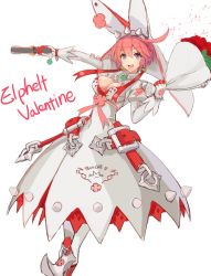Rule 34 | 1girl, a.t. zero, blue eyes, bouquet, breasts, character name, cleavage, cleavage cutout, clothing cutout, clover, dress, earrings, elphelt valentine, female focus, flower, four-leaf clover, gloves, guilty gear, guilty gear xrd, gun, haru ato, highres, jewelry, large breasts, md5 mismatch, pink hair, resized, short hair, smile, solo, spikes, veil, weapon, white dress