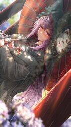 Rule 34 | 1girl, animal ears, black kimono, blurry, blurry foreground, blush, closed mouth, depth of field, fake animal ears, floral print, fox mask, highres, holding, holding umbrella, indie virtual youtuber, japanese clothes, kamishiro natsume, kimono, long hair, looking at viewer, mask, noratama-nyan, oil-paper umbrella, outdoors, perspective, purple hair, rain, red eyes, sidelocks, smile, solo, uchikake, umbrella, wide sleeves