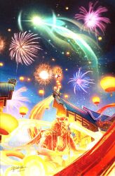 Rule 34 | 1boy, aerial fireworks, architecture, arms up, artist name, black jacket, black pants, building, commentary request, dated, east asian architecture, fireworks, gaming (genshin impact), genshin impact, highres, jacket, kaminaga mutsumi, lantern, lion dance, menogias (genshin impact), night, night sky, outdoors, pants, paper lantern, scenery, signature, sky, sky lantern, solo, star (sky), starry sky, statue, tassel, watermark