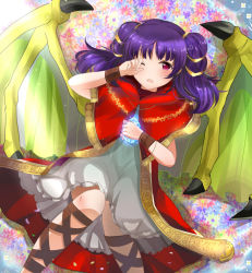 Rule 34 | 1girl, cape, dragon girl, dragon wings, dragonstone, fire emblem, fire emblem: the sacred stones, fire emblem heroes, floral background, holding, long hair, multi-tied hair, myrrh (fire emblem), nintendo, one eye closed, open mouth, purple hair, red eyes, rojiura-cat, rubbing eyes, sleepy, solo, stone, twintails, wings