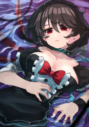 Rule 34 | 1girl, black dress, black hair, bow, breasts, collarbone, dress, hashiro, houjuu nue, medium breasts, partially submerged, red bow, red eyes, short hair, short sleeves, solo, tentacles, touhou, water