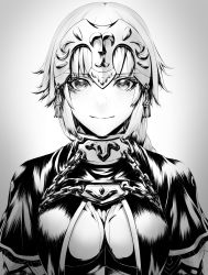 Rule 34 | 1girl, braid, breasts, chain, closed mouth, fate/apocrypha, fate/grand order, fate (series), greyscale, headpiece, highres, jeanne d&#039;arc (fate), jeanne d&#039;arc (ruler) (fate), large breasts, long braid, looking at viewer, monochrome, mugetsu2501, single braid, smile