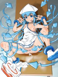 Rule 34 | 1girl, :p, aftersex, bar censor, blue eyes, blue hair, blush, bracelet, breasts, censored, cum, cum in pussy, cumdrip, double v, dress, hat, ikamusume, jewelry, long hair, lying, matching hair/eyes, no panties, on back, pussy, shinryaku! ikamusume, small breasts, solo, spread legs, spread pussy, suesan, table, tentacles, tentacle hair, tissue, tissue box, tongue, tongue out, upskirt, v