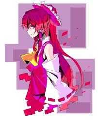Rule 34 | 1girl, ascot, bare shoulders, bow, detached sleeves, from side, hair bow, hair tubes, hakurei reimu, profile, red eyes, red hair, solo, touhou, tsukinami kousuke