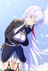 Rule 34 | 1girl, 86 -eightysix-, antenna hair, arms behind back, black jacket, black thighhighs, blue eyes, breasts, colored eyelashes, cowboy shot, dress shirt, floating hair, garter straps, hair between eyes, highres, jacket, leaning to the side, long hair, long sleeves, looking at viewer, medium breasts, military, military uniform, miniskirt, multicolored hair, open clothes, open jacket, raipen, shirt, silver hair, skirt, solo, standing, streaked hair, thighhighs, uniform, very long hair, vladilena millize, white shirt, white skirt, zettai ryouiki