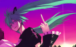 Rule 34 | 1girl, angry, bad id, bad pixiv id, detached sleeves, female focus, green eyes, green hair, hatsune miku, kurokuro, light rays, long hair, matching hair/eyes, middle finger, necktie, open mouth, outdoors, shade, sky, solo, sunbeam, sunlight, twintails, very long hair, vocaloid, wind