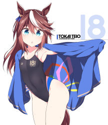 Rule 34 | 1girl, alternate hairstyle, animal ears, black one-piece swimsuit, blue eyes, blue towel, breasts, brown hair, character name, copyright name, covered navel, cowboy shot, hair down, hair flaps, horse ears, horse girl, horse tail, leaning forward, long hair, multicolored clothes, multicolored swimsuit, numbered, one-piece swimsuit, shigino sohuzi, simple background, small breasts, solo, swimsuit, tail, tokai teio (umamusume), towel, umamusume, white background, white hair