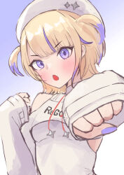 Rule 34 | 1girl, :o, absurdres, blonde hair, blue background, blunt bangs, blush, clenched hands, clothing cutout, fingernails, gradient background, hand up, highres, hololive, hololive dev is, incoming attack, incoming punch, long sleeves, looking at viewer, mitsuzaki aya (artist), multicolored hair, nail polish, open mouth, punching, purple eyes, purple hair, purple nails, regloss, shoulder cutout, shrug (clothing), sleeves past wrists, streaked hair, todoroki hajime, turtleneck, two-tone hair, two side up, upper body, virtual youtuber, white background, white headwear, white shrug