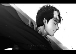 Rule 34 | 1boy, armor, berserk, black hair, cape, closed mouth, commentary, english commentary, english text, closed eyes, from side, greyscale, guts (berserk), huge weapon, letterboxed, light smile, male focus, monochrome, multicolored hair, reizdrawing, scar, scar across eye, scar on face, scar on nose, solo, sword, thank you, upper body, weapon