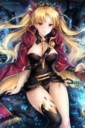 Rule 34 | 1girl, asymmetrical legwear, asymmetrical sleeves, between breasts, birdcage, black leotard, black thighhighs, blonde hair, blush, bow, breasts, cage, cape, closed mouth, detached collar, earrings, ereshkigal (fate), fate/grand order, fate (series), fur-trimmed cape, fur trim, gold trim, hair bow, hood, hooded cape, hoop earrings, infinity symbol, jewelry, large breasts, leotard, long hair, looking at viewer, necklace, parted bangs, red bow, red cape, red eyes, rei kun, single sleeve, single thighhigh, sitting, skull, smile, solo, spine, thighhighs, tiara, two side up, uneven legwear, uneven sleeves