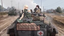 Rule 34 | absurdres, battle rifle, black gloves, blonde hair, bmp-2, breast pocket, brown coat, camouflage, camouflage jacket, chechen war, chinese commentary, cloud, cloudy sky, coat, cross, crossover, fur-trimmed coat, fur trim, g3 (girls&#039; frontline), girls&#039; frontline, girls und panzer, gloves, gun, h&amp;k g3, highres, jacket, lzbt kpv, military, military vehicle, nonna (girls und panzer), pocket, power lines, red cross, rifle, rug, ruins, russian text, sky, smoke grenade launcher, treads, weapon