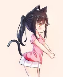 Rule 34 | 1girl, animal ears, bad id, bad twitter id, black hair, brown eyes, cat ears, cat tail, grey background, highres, kosobin, long hair, miniskirt, open mouth, original, own hands together, pink shirt, ponytail, shirt, simple background, skirt, solo, tail, white skirt