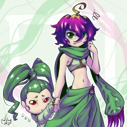 Rule 34 | 2girls, crests (digimon), digimon, fangs, green hair, highres, multiple girls, palmon, personification, purple hair, red eyes, tanemon