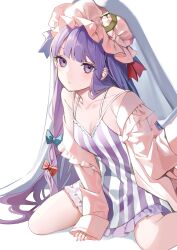Rule 34 | 1girl, absurdres, blue bow, blunt bangs, bow, breasts, cleavage, closed mouth, collarbone, crescent, crescent hat ornament, daimaou ruaeru, dress, frilled dress, frills, hair bow, hat, hat ornament, highres, long hair, medium breasts, mob cap, patchouli knowledge, pink dress, pink hat, purple eyes, purple hair, red bow, simple background, sleeves past wrists, solo, striped clothes, striped dress, touhou, vertical-striped clothes, vertical-striped dress, white background