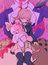 Rule 34 | 3girls, black jacket, blood, blood in hair, blurry, blurry background, bow, breasts, brown skirt, buwei (ironypot), cleavage, closed eyes, closed mouth, collared shirt, commentary, danganronpa (series), danganronpa 2: goodbye despair, diaper, ear bow, enoshima junko, feet out of frame, flipped hair, food, highres, hood, hooded jacket, ice cream, in food, jacket, large breasts, monomi (danganronpa), multiple girls, nanami chiaki, necktie, open mouth, over-kneehighs, pink background, pink hair, pink neckwear, pleated skirt, shirt, short hair, simple background, skirt, spoon, symbol-only commentary, teeth, thighhighs, twintails, upper teeth only, white shirt, yellow bow