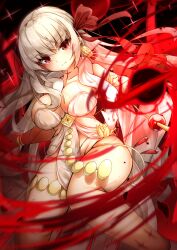 Rule 34 | 1girl, absurdres, armlet, bare shoulders, belly chain, body markings, bracelet, breasts, cleavage, collarbone, colored skin, durga (fate), earrings, energy ball, fate/grand order, fate (series), gradient skin, grey hair, hair ribbon, highres, jewelry, large breasts, long hair, looking at viewer, pelvic curtain, r3 type, red eyes, red skin, revealing clothes, ribbon, sash, snake, solo, thighs, very long hair