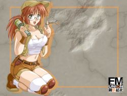 Rule 34 | 1girl, artist request, baseball cap, belt, boots, breasts, cleavage, crop top, explosive, fio germi, glasses, grenade, hat, knee pads, kneeling, metal slug, midriff, navel, ponytail, red hair, short shorts, shorts, smile, solo, wallpaper, weapon, wristband