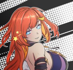 Rule 34 | 1girl, backless outfit, bare back, bare shoulders, blue eyes, breasts, bright pupils, commentary, grin, highres, honkai (series), honkai impact 3rd, jazzer edwin, large breasts, long hair, looking at viewer, one side up, orange hair, senadina (honkai impact), smile, solo, star (symbol), upper body, white pupils