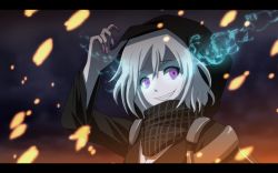 Rule 34 | 10s, 1girl, abyssal ship, anime coloring, fingernails, grin, hood, kantai collection, letterboxed, looking at viewer, purple eyes, re-class battleship, scarf, short hair, silver hair, smile, solo, sparks, tomon (slash0410)