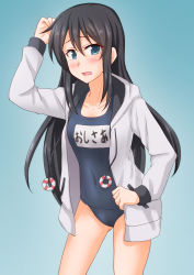 Rule 34 | 1girl, alternate costume, anti (untea9), asashio (kancolle), black hair, blue background, blue eyes, blush, cowboy shot, gradient background, hair between eyes, highres, hood, hooded sweater, kantai collection, long hair, looking at viewer, name tag, open mouth, school swimsuit, simple background, solo, sweater, swimsuit, white sweater