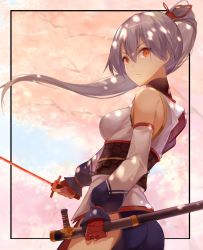 Rule 34 | 1girl, absurdres, detached sleeves, fate/grand order, fate (series), fingerless gloves, gloves, grey hair, hair between eyes, hana mori, highres, holding, holding sword, holding weapon, japanese clothes, long hair, looking back, ponytail, red eyes, sash, slit pupils, solo, sword, tomoe gozen (fate), weapon