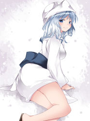 Rule 34 | 1girl, alternate costume, bare legs, blue eyes, blue hair, blush, commentary request, hammer (sunset beach), hat, letty whiterock, long hair, looking at viewer, matching hair/eyes, sandals, smile, solo, touhou, yuki onna