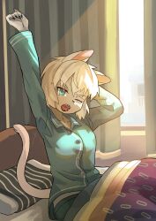 Rule 34 | 1girl, animal ears, arm up, bed, blanket, blue eyes, boutarou rx 78, buttons, cat ears, cat girl, cat tail, claws, curtains, fangs, female focus, furry, furry female, highres, on bed, one eye closed, open mouth, original, pillow, short hair, sidelighting, sitting, solo, stretching, sunlight, tail, tears, waking up, white hair, window, yawning