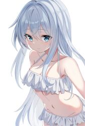 Rule 34 | 1girl, alternate costume, bare shoulders, bikini, blue eyes, breasts, closed mouth, commentary, fathom, frilled bikini, frills, groin, hair between eyes, halterneck, hibiki (kancolle), highres, kantai collection, light smile, long hair, looking at viewer, navel, sideways glance, simple background, small breasts, solo, swimsuit, upper body, white background, white bikini, white hair
