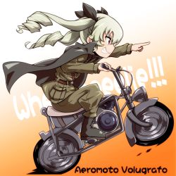 Rule 34 | 10s, 1girl, anchovy (girls und panzer), anzio military uniform, belt, black cape, black footwear, black ribbon, blouse, boots, brown belt, cape, drill hair, driving, eyebrows, from side, full body, girls und panzer, gradient background, green hair, green pants, green shirt, grin, hair between eyes, hair ribbon, highres, index finger raised, leaning, leaning forward, long hair, long sleeves, military, military uniform, motor vehicle, motorcycle, multicolored background, orange background, pants, pants tucked in, pocket, red eyes, ribbon, shirt, sideways mouth, sitting, smile, solo, strap, tanashi (mk2), twin drills, uniform, v-shaped eyebrows, wheelie, white background