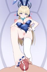 Rule 34 | 1boy, 1girl, absurdres, animal ears, barefoot, blonde hair, blue archive, blue eyes, blue halo, blue leotard, blue nails, blunt bangs, blush, breasts, censored, closed mouth, clothing aside, commentary, covered navel, cromachina, cum, cum on body, cum on feet, cum on penis, fake animal ears, feet, footjob, halo, hands on own hips, heart, hetero, highres, huge breasts, large areolae, leotard, leotard aside, long hair, mosaic censoring, nail polish, nipples, penis, playboy bunny, pov, puffy nipples, pussy, rabbit ears, single thighhigh, smile, solo focus, thighhighs, toenail polish, toenails, toes, toki (blue archive), toki (bunny) (blue archive), very long hair, white thighhighs, white wrist cuffs, wrist cuffs