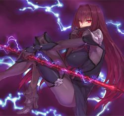 Rule 34 | 1girl, ankle boots, armor, blush, bodysuit, boots, breasts, commentary request, covered erect nipples, electricity, fate/grand order, fate (series), from side, gae bolg (fate), hairband, high heel boots, high heels, holding, holding weapon, knees up, large breasts, long hair, looking at viewer, looking to the side, mask, mouth mask, pauldrons, pink eyes, polearm, purple background, purple bodysuit, purple footwear, purple hair, scathach (fate), scathach (first ascension) (fate), shoe-ji, shoulder armor, sitting, solo, spear, very long hair, weapon