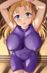 Rule 34 | 1girl, absurdres, ahoge, arms up, blonde hair, blue eyes, blush, bodysuit, breasts, cameltoe, cleft of venus, collarbone, commentary request, covered erect nipples, covered navel, furinji miu, fuurinji miu, highres, large breasts, long hair, looking at viewer, lying, mole, mole under eye, on back, open mouth, purple bodysuit, shijou saikyou no deshi ken&#039;ichi, skywalker0610, solo, tatami, taut bodysuit, wooden floor