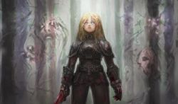Rule 34 | 1girl, armor, blonde hair, blood, blood on face, blue eyes, ghost, knight, medieval, mitsuba, mitsuba (knight lounge), pteruges, solo
