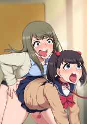Rule 34 | 1boy, 1girl, ahegao, anal, ass, blush, censored, collar, dildo, doggystyle, erection, highres, leash, male penetrated, mosaic censoring, pegging, penis, precum, school uniform, sex, sex from behind, sex toy, skirt, strap-on, trap, twintails, wataya