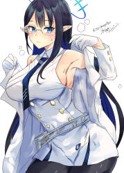 Rule 34 | 1girl, armpits, belt, black hair, black pantyhose, blue archive, blue eyes, blue hair, blue necktie, breasts, buttons, closed mouth, collared dress, colored inner hair, dress, glasses, gloves, halo, highres, holster, jacket, large breasts, light blush, long hair, looking at viewer, mizuta kenji, multicolored hair, necktie, open clothes, open jacket, pantyhose, pointy ears, removing jacket, rimless eyewear, rin (blue archive), simple background, sleeveless, sleeveless dress, solo, sweat, twitter username, white background, white dress, white gloves, white jacket