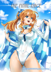 Rule 34 | 1girl, :d, ahoge, backlighting, blazer, blue eyes, breasts, brown hair, checkered flag, cleavage, cleavage cutout, clothing cutout, cloud, contrapposto, covered navel, cowboy shot, day, english text, flag, from below, ge xi, groin, hair between eyes, hair ribbon, hands up, happy, high ponytail, highleg, highleg leotard, highres, hip focus, holding, jacket, legs apart, leotard, long hair, long sleeves, looking at viewer, medium breasts, open mouth, orange hair, original, outdoors, parted bangs, ponytail, race queen, ribbon, sidelocks, sky, smile, solo, sparkle, standing, thighs, turtleneck, watermark, web address, white leotard