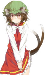 Rule 34 | 1girl, animal ears, blush, bow, bowtie, brown hair, cat ears, cat girl, cat tail, chen, closed mouth, cowboy shot, earrings, fang, hat, highres, jewelry, long sleeves, looking at viewer, mob cap, multiple tails, petticoat, puffy long sleeves, puffy sleeves, red eyes, red skirt, red vest, short hair, single earring, skirt, skirt set, slit pupils, smile, solo, tail, touhou, two tails, v arms, vest, white background, white bow, white bowtie, yana mori