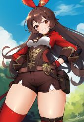 Rule 34 | 1girl, amber (genshin impact), ankkoyom, blue sky, blush, brown hair, brown shorts, clenched teeth, cloud, day, genshin impact, hands on own hips, highres, long hair, long sleeves, looking at viewer, outdoors, red eyes, red thighhighs, shorts, sky, smile, solo, teeth, thighhighs, thighs