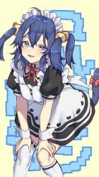 Rule 34 | 1girl, apron, blue eyes, blue hair, breasts, cat tail, character request, hair ornament, highres, maid, maid headdress, medium hair, murata tefu, open mouth, smile, solo, tail, thighhighs, virtual youtuber